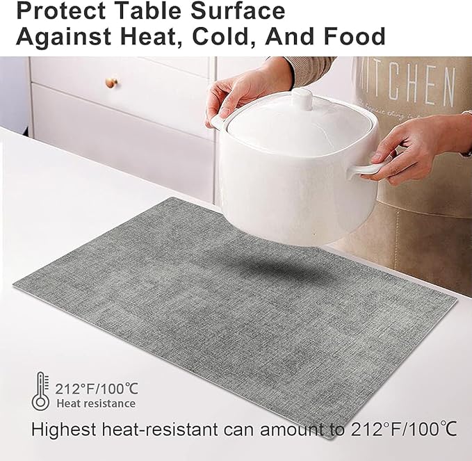 LANDVIEW Leather Heat Resistant Placemats Set of 6 Waterproof Wipeable Washable PU Table Mats,Easy to Clean Anti-Slip Place Mats (Light Grey, 6)