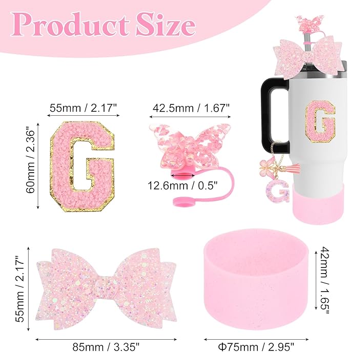 uxcell 8Pcs Cup Accessories Set for Cup Tumbler with Handle, Including Silicone Straw Cover, Boot, Spill Proof Stopper, Handle Charm, Initials Sticker(Letter G, Pink)