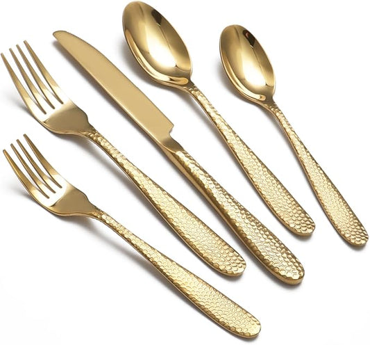 Gold Hammered Silverware Set, 20 Piece Stainless Steel Heavy Duty Flatware Set for 4, Food-Grade Tableware Cutlery Set for Home Restaurant, Mirror Polished, Dishwasher Safe