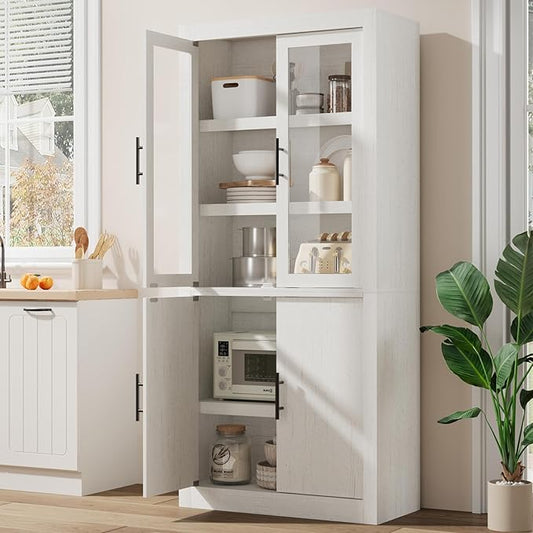 Tall Farmhouse Kitchen Pantry Cabinet, Wood Cabinet with 4 Doors & Adjustable Shelves, Sturdy Frame, Anti-Tip Design, Bookcase for Kitchen/Dining/Office, 70.45 Inches, White