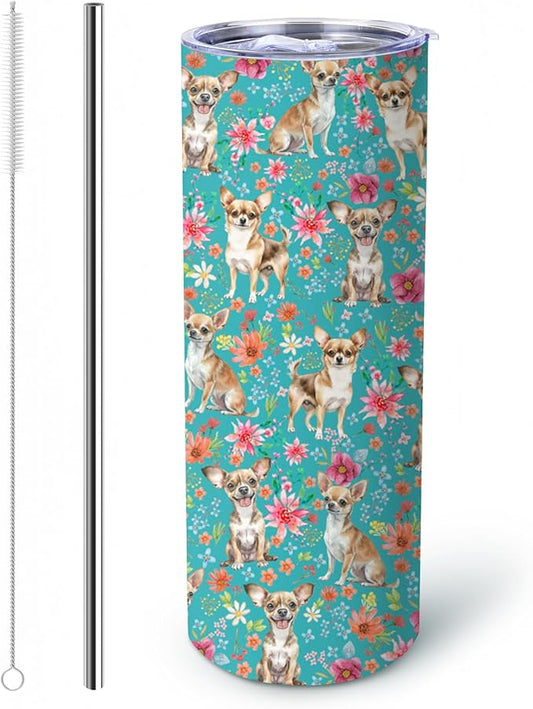 Yogusut Chihuahua Gifts for Women, 20oz Stainless Steel Insulated Tumbler Travel Mug Cup with Lid Straw Brush, Gifts for Dog Mom Dog Lover