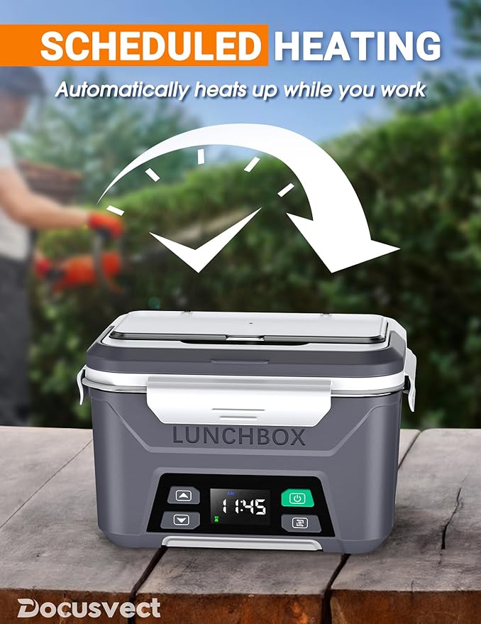 Docusvect Rechargeable Heated Lunch Box for Men, 1.3L Cordless Electric Lunch Box for Adults with Smart Scheduled Heating, Portable Food Warmer with Complete Accessories