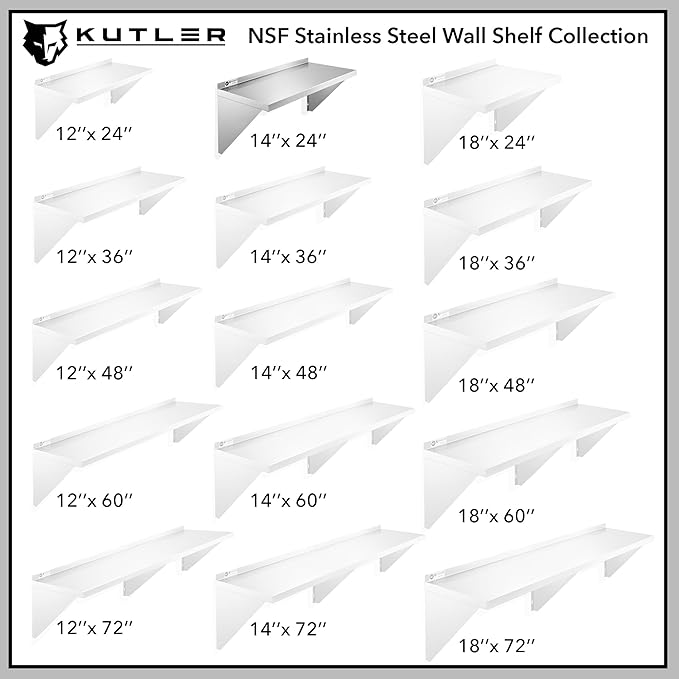 KUTLER Stainless Steel Shelf - 14" x 24", NSF Commercial Wall Mount Shelves with Backsplash, Floating Metal Shelving for Restaurant, Kitchen, Home