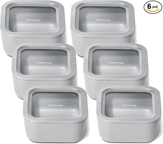 Caraway 6pc Glass Food Storage Set ??4.4 Cup Food Containers (6) - Ceramic Coated - Non Toxic, Non Stick with Lids - Microwave Safe - Gray