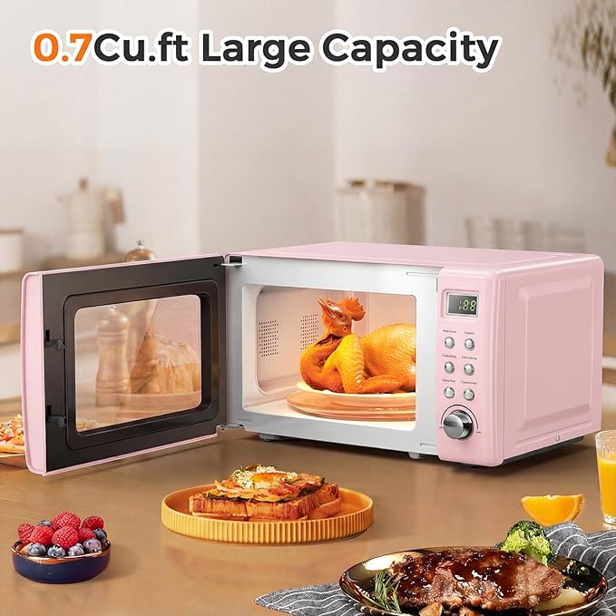 ARLIME Retro Microwave 0.7Cu.ft, 700 Watt Countertop Microwave with 5 Micro Power Defrost & Auto Cooking Function, LED Display, Child Lock, Pink Small Microwave for Kitchen, RV, Dorm
