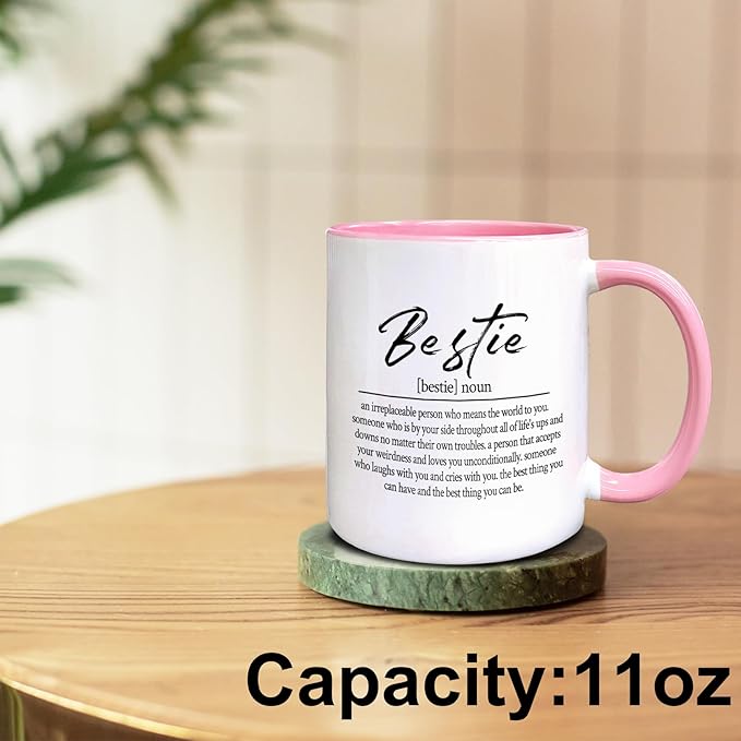 QASHWEY Bestie Definition Coffee Mug, Best Friend Bestie BFF Soul Sister Gifts for Women Teen Girls,Inspirational Friendship Gifts Double Side Printed Ceramic Mug Cup 11 Ounce(Pink)
