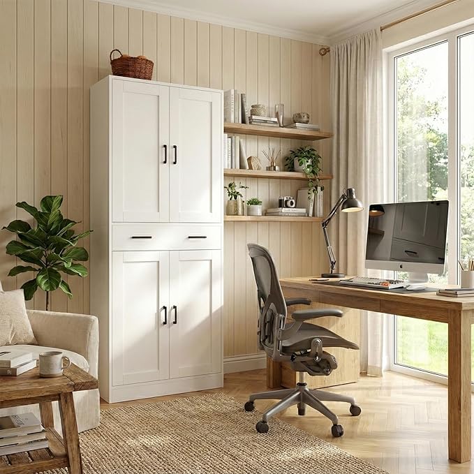 71" Tall Kitchen Pantry Cabinet, Freestanding Storage Cabinet with Drawer and 4 Doors, Large White Utility Floor Cupboard with Adjustable Shelves for Dining Room, Bathroom, Home Office