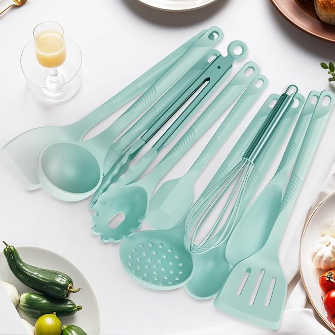 Silicone Cooking Utensils Set - 600째F Heat Resistant, Nonstick Kitchen Utensil Set with Spatulas, Spoons, Whisk, Tongs, BPA Free, Dishwasher Safe (Teal)