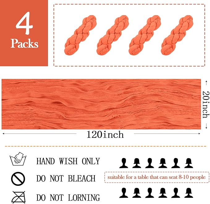 4 Pack Orange Cheesecloth Table Runner 20 x 120 inch Gauze Table Runners 10 FT Long,Semi Sheer Cheese Cloth Fabric Table Runner Bulk for Wedding,Party,Baby Shower,Bridal Shower Decoration