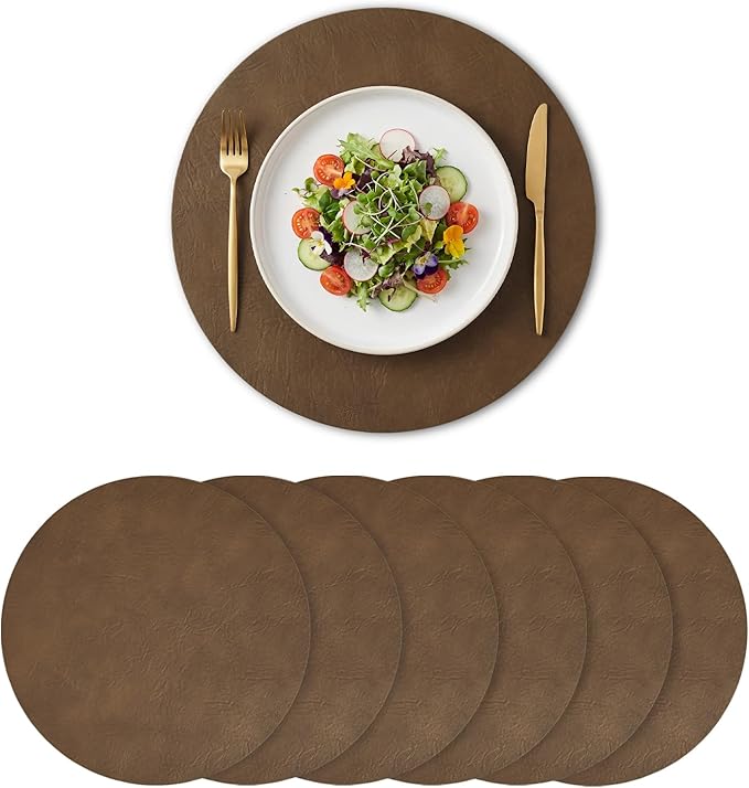 Artoid Mode Brown Faux Leather Placemats Set of 6, 15 Inch Waterproof Wipeable Heat Resistant Place Mats, Reversible Table Mats for Kitchen Dining Decor