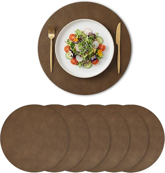 Artoid Mode Brown Faux Leather Placemats Set of 6, 15 Inch Waterproof Wipeable Heat Resistant Place Mats, Reversible Table Mats for Kitchen Dining Decor
