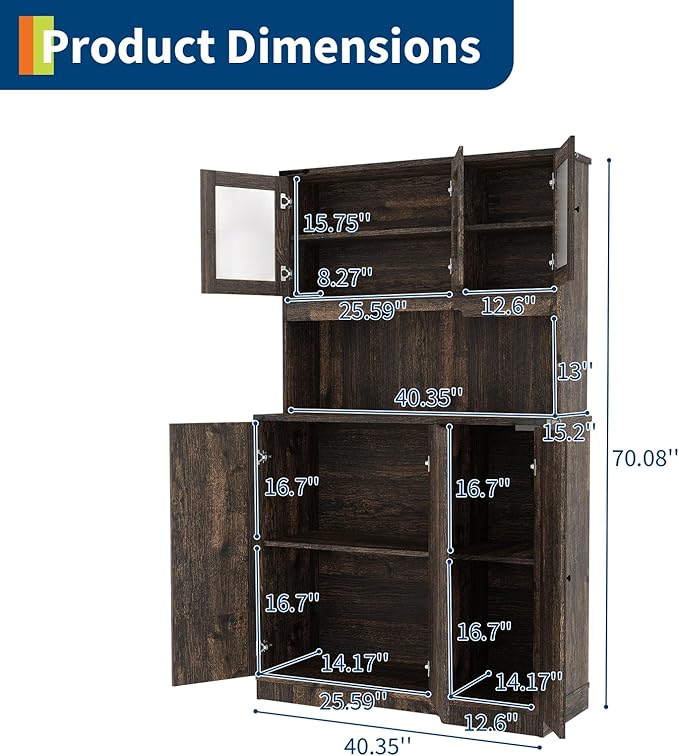 71 in Tall Pantry Cabinet with Charging Station, Farmhouse Kitchen Hutch Display Storage Cabinet with Microwave Stand, Coffee Bar Food Pantry with Glass Doors and Shelves for Living Room, Dining Room