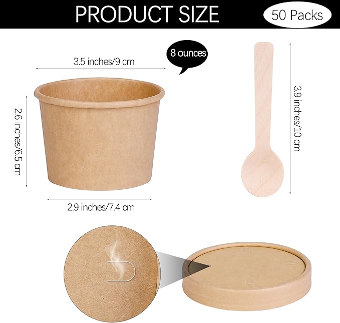 Ruisita 50 Pack Heavy Duty Soup Containers with Lids Ice Cream Bowls with Lids and Spoons 8 Ounces Disposable Bowls Ice Cream Sundae Cups Kraft Paper Cups with Lid Soup Containers To Go, Brown