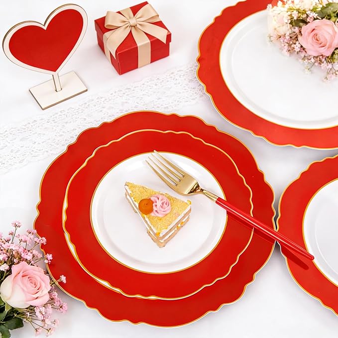 WDF 60pcs Red Christmas Plastic Plates Disposable - 7.5inch Heavy Duty Red Dessert/Salad/Cake Plates for Valentine's Day