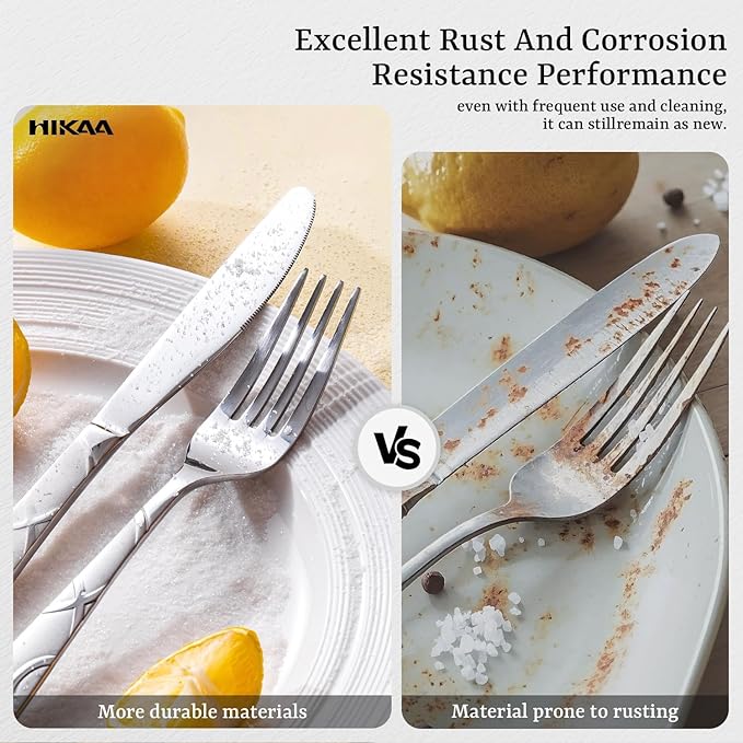 HIKAA 60PCS Stainless Steel Silverware Set, Modern Flatware Set for Kitchen, Mirror Polished Cutlery Set with Forks, Spoons and Knives竊똃ishwasher Safe