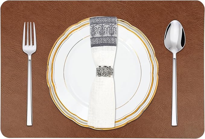 EDanle Cowhide Pattern Faux Leather Placemats Set of 6,Heat Resistant Non-Slip Waterproof Wipeable Washable Kitchen Dining PU Table Place Mats,Double-Sides Available,Dark Coffee