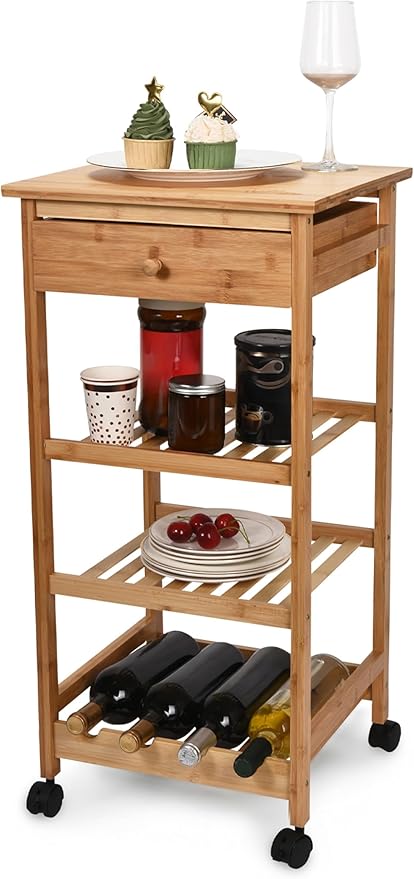Hallops Kitchen Cart with Drawer and Basket - Brown Kitchen Cart Island for Small Spaces - Extra Counter Space or Spice Rack - Portable Dining Table with Wheels - Elegant Solid Wood Top, Spice Drawer