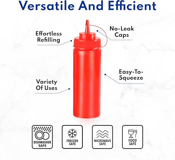New Star Foodservice 26313 Squeeze Bottles, Plastic, 12 oz, Red, Pack of 6