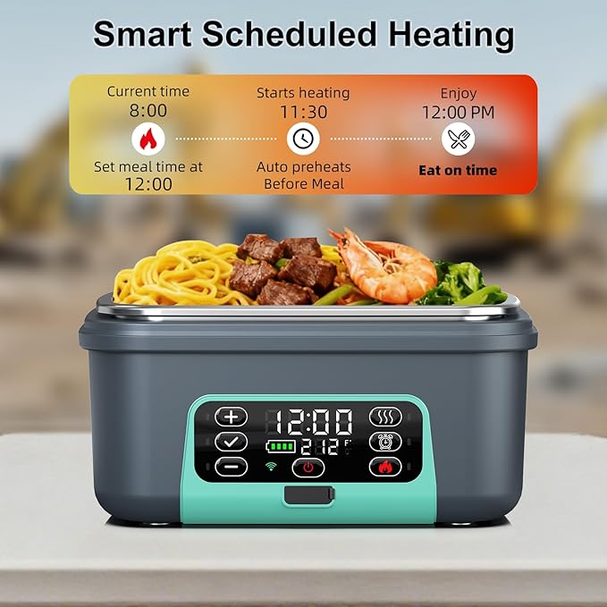 Cordless Electric Heated Lunch Box, XL 6.3Cups 20000mAh Rechargeable Food Warmer Lunch Box with Self Heating, Smart Timer, Adjustable Temperature, Leakproof, BPA Free, Removable Tray Divider