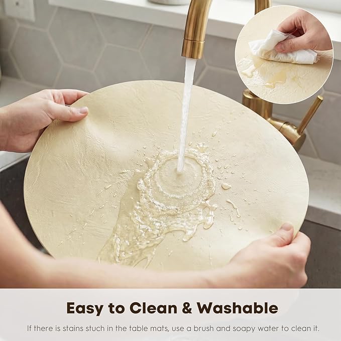 Artoid Mode Beige Faux Leather Placemats Set of 6, 15 Inch Waterproof Wipeable Heat Resistant Place Mats, Reversible Table Mats for Kitchen Dining Decor