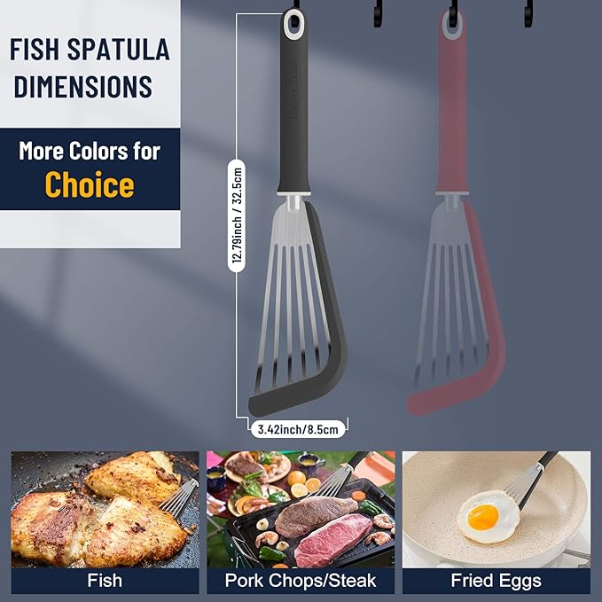 Fish Spatula,600??Heat Resistant Silicone Fish Spatula with Basting Brush,for Nonstick Cookware,Flexible Slotted Fishs Turner Spatulas,BPA Free,Dishwasher Safe(Black)