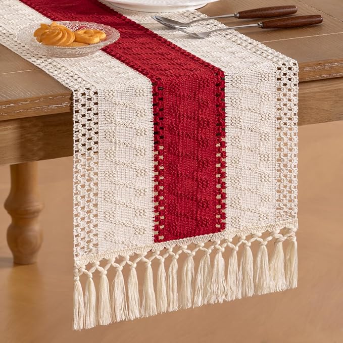 Socomi Boho Table Runner Macrame Long Valentine's Day Farmhouse Woven Cotton Linen Rustic Coffee Table Runner with Tassels for Dresser Scarf Home Decor Dining Room 12x108 in Red Ivory