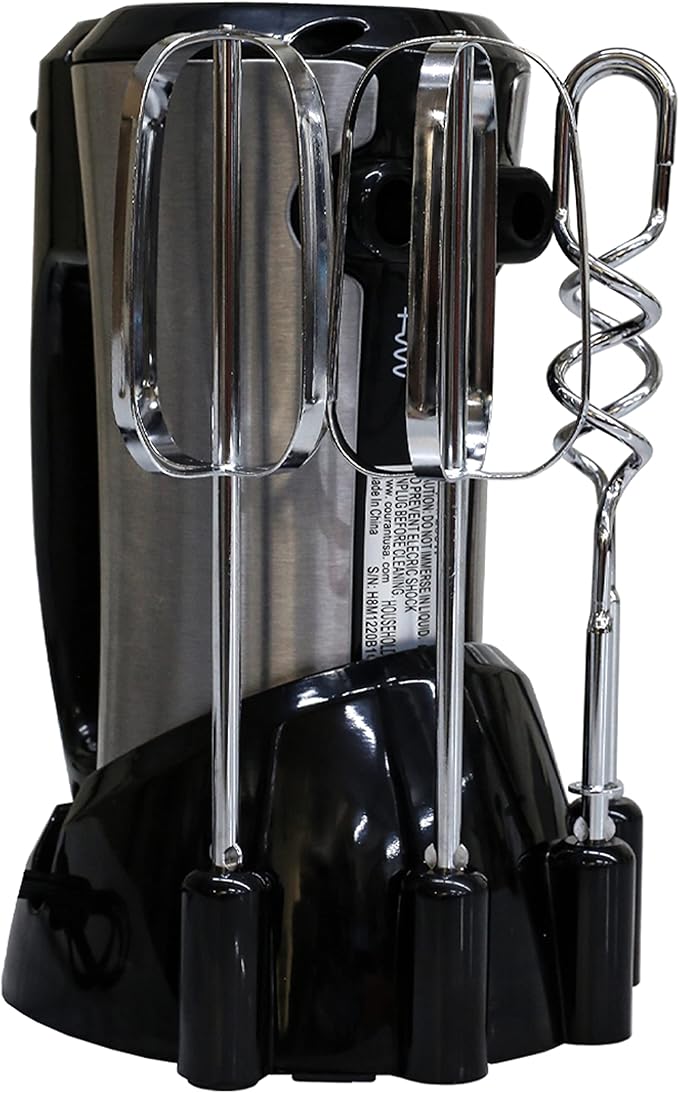 Courant 5-Speed Hand Mixer, Stainless Steel w/Turbo Function, Neat Storage Stand, Includes Set of Beaters & Dough Hooks, Perfect for Baking and Cooking - COUCHM1580ST (Silver)