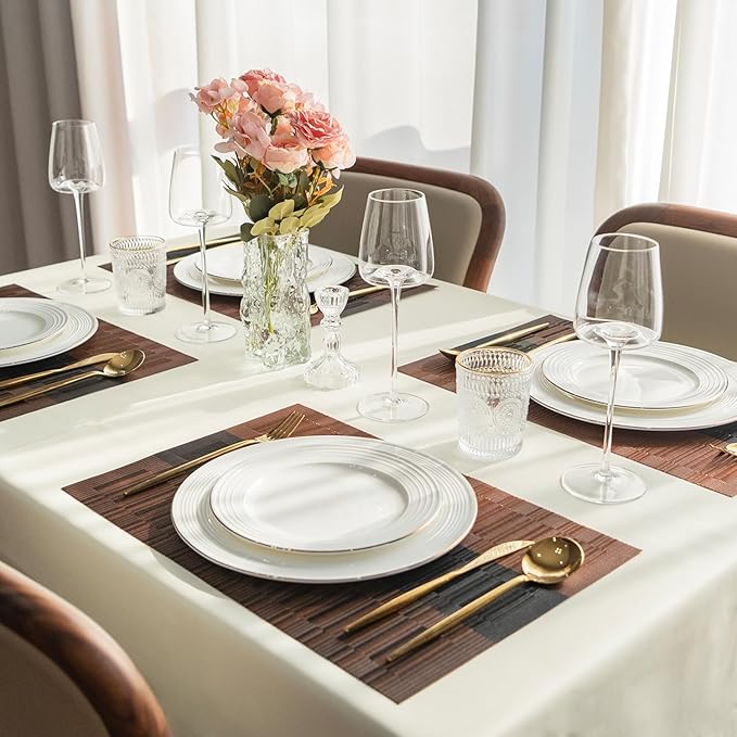SUMYMERY Placemats Set of 6 Vinyl/Plastic Woven Place Mats for Kitchen Table Indoor/Outdoor Washable Placemat Wipeable Dining Table Mats (Ombre Brown Black,6)