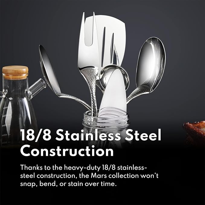 New Star Foodservice Mars Collection, Stainless Steel, 18/8 Hammered Hollow Handle Serving Fork, 13.5-Inch