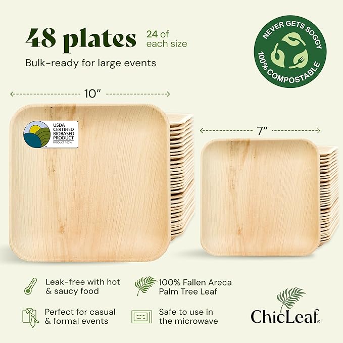 Chic Leaf Compostable & Biodegradable Palm Leaf Disposable Bamboo Plates - Disposable Party Plates for Appetizers - Christmas Meal Dinner, Turkey Holiday Food - Reusable Supplies (10 & 7 Inch Square)
