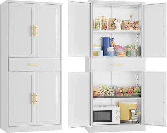 CJF 71" H Metal Kitchen Pantry Storage Cabinet, Freestanding Cupboard with Adjustable Shelves and 1 Drawer, Standing Storage for Kitchen, Bathroom, Garage, Dinning Room or Utility Room（White）
