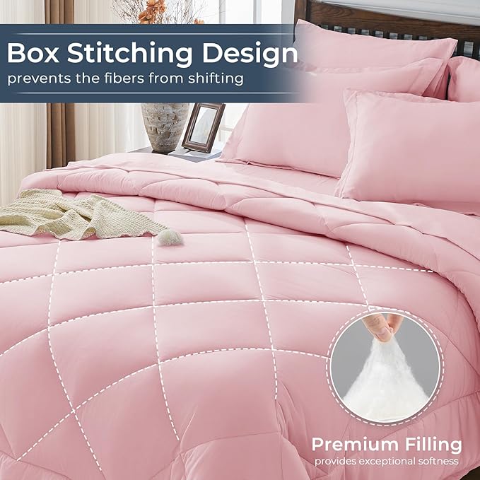 HEVUMYI Pink King Comforter Set - 7-Piece All Season Bed in a Bag King, Ultra Soft Bedding Set with Comforter, Flat Sheet, Fitted Sheet, Pillowcases, Pillow Shams, Pink