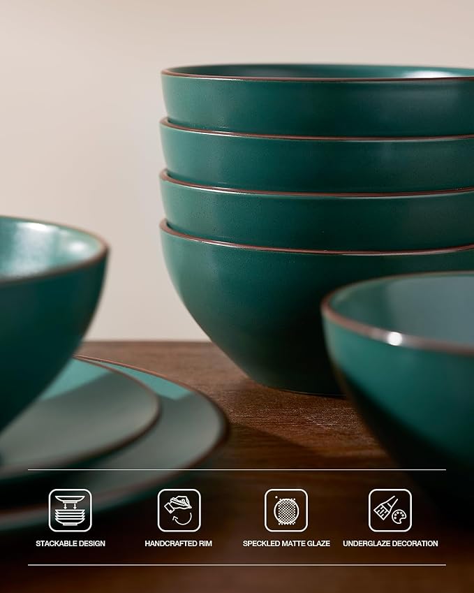 Famiware Venus Speckled Dinnerware Set with Pasta Bowls, Service for 4 (16 Pieces), Stoneware Plates and Double Bowls Sets, Microwave & Dishwasher-Safe Dishes with Trim, Matte Dark Green