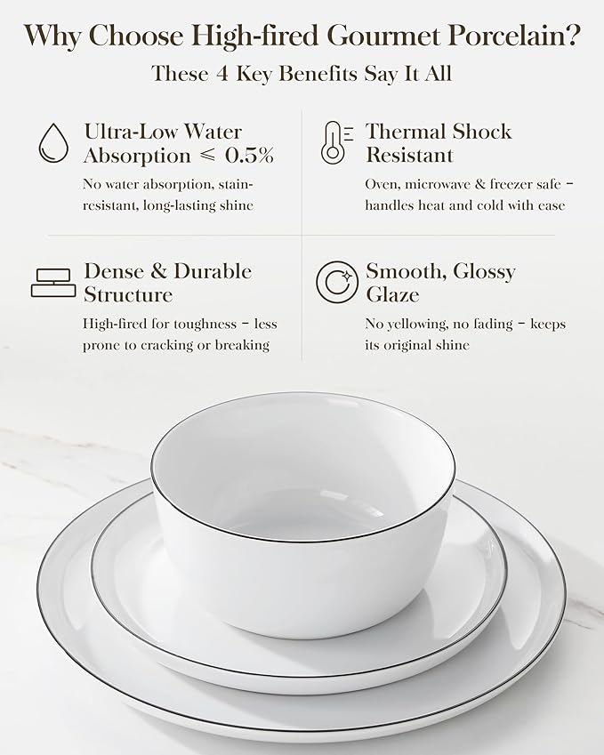 MALACASA 24 Pieces Gourmet Porcelain Dinnerware Sets, Premium Plates and Bowls Set, High-Fired Dishes Set for 6, Chip & Scratch Resistant, Microwave Dishwasher Safe, White & Black Rim, Series LEXI