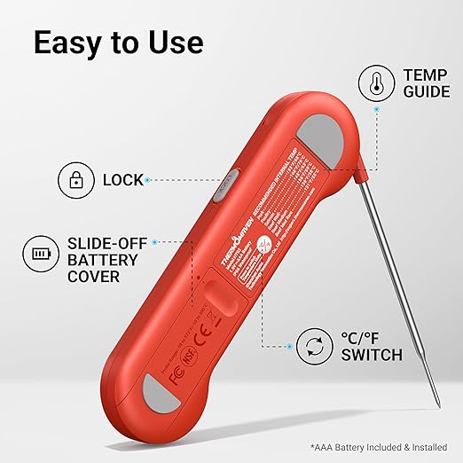 Professional 0.5 Sec Instant Read Meat Thermometer Digital, NIST Certified 짹0.5??Accuracy, Auto Rotate Large LCD Display, Highly Waterproof Cooking Thermometer for Baking Grill BBQ Smoker Oven, Red