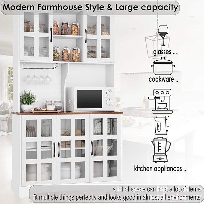 Keyluv Kitchen Pantry Storage Cabinet 71" Tall Freestanding Pantry Cabinet, Farmhouse Glass Door Buffet with Oven Countertop, Large Wood Hutch for Kitchen, Living Room and Dining Room, White