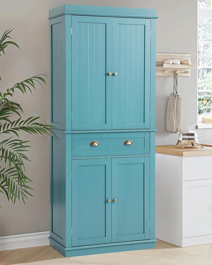 72" Kitchen Pantry Storage Cabinet, Freestanding Cupboard with 2 Cabinets, Drawer and Adjustable Shelves, Tall Storage Cabinet for Kitchen, Dinning Room, Living Room (Lake Blue)