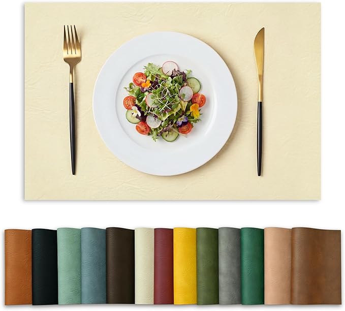 Artoid Mode Beige Faux Leather Placemats Set of 6, 12x18 Inch Waterproof Wipeable Heat Resistant Place Mats, Reversible Table Mats for Kitchen Dining Decor