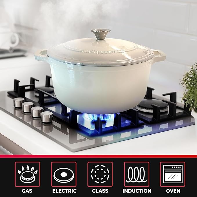 MUELLER HOME 4.5 QT Enameled Cast Iron Dutch Oven, Heavy-Duty Casserole Dish and Braiser Pan with Lid and Stainless Knob, Oven-Safe up to 500째 F & Across All Cooktops, Oyster White