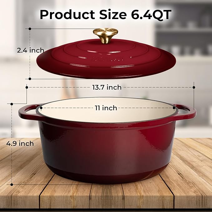 Zulay Kitchen 6 Quart Enameled Cast Iron Dutch Oven Pot with Lid ??Premium Durability & Oven Safe up to 500째F ??Heavy Duty Cookware Perfect for Bread Baking, Stews, Braising & Roasting ??Garnet