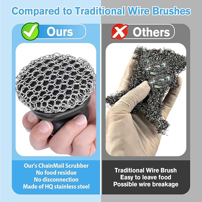 Onewly Cast Iron Scrubber (2 횞 Black Coarse Mesh) and and Scraper, Chain Mail Scrubber for Cleaning Stock Pots, Pans, Griddles, Grills, Cast Iron Skillets, Dish Scouring Pads