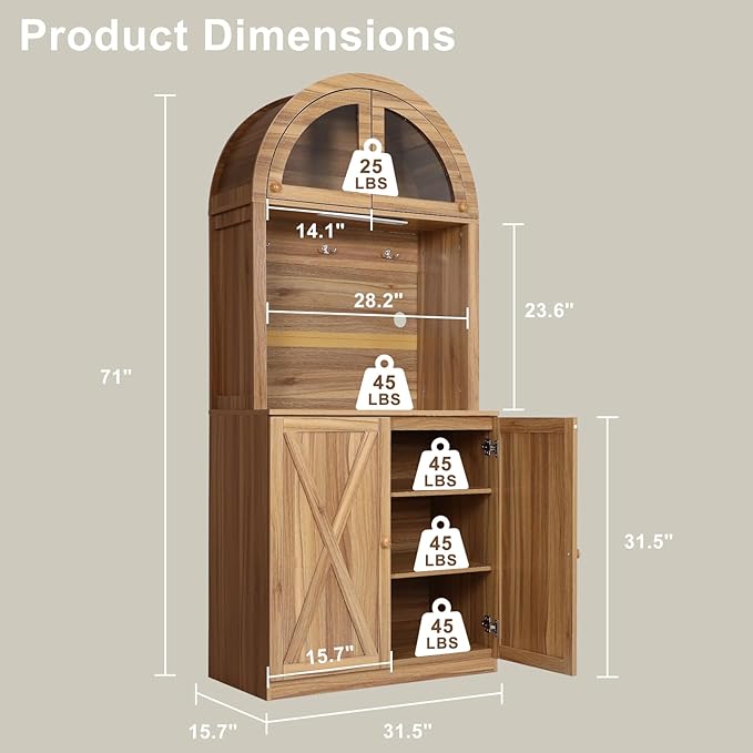 71" Tall Arched Kitchen Pantry Cabinet, Farmhouse Storage Cabinet with LED Light, Adjustable Shelves & Glass Door, Versatile Cupboard for Kitchen, Dining Room, Bathroom