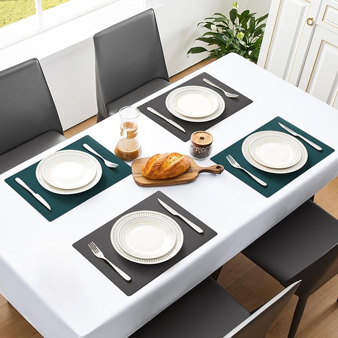 MOSAYT Vinyl Placemats Set of 6, Heat Resistant Place Mats 100% Waterproof Washable & Wipeable Faux Leather Reversible Table Mats for Kitchen Dining Party Indoor Outdoor, 12" x 17", Grey/Teal