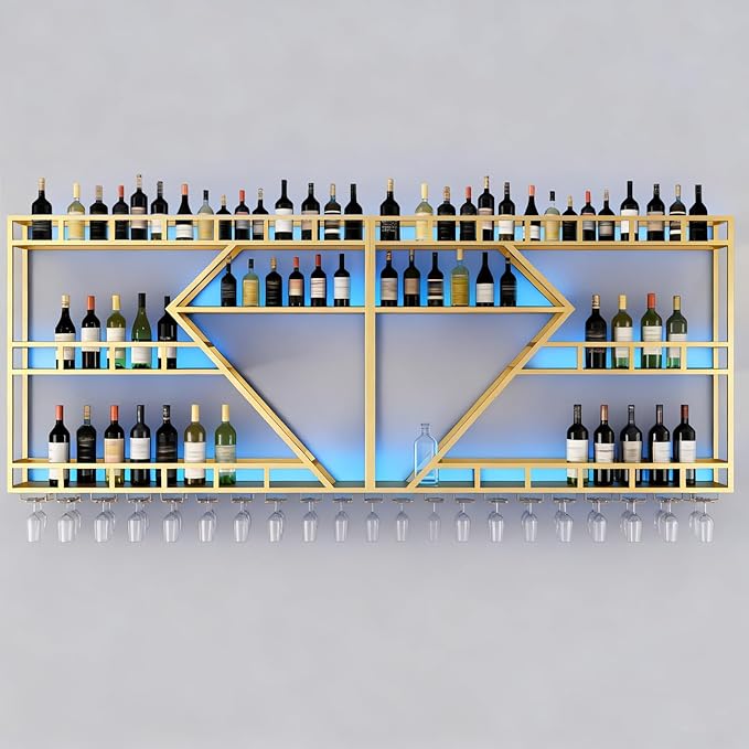 95in Large Wall Mounted Wine Rack, 4 Tier Modern Diamond Shaped Floating Bar Wine Storage Display Shelf, Metal Industrial Liquor Bottles Shelves Wine Glass Holder (Gold, 3 Tier,95in)