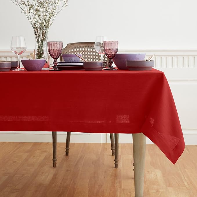 Solino Home Red Linen Tablecloth 60 x 90 Inch - 100% Pure Linen Table Cloth for Rectangle Tables - Fete, Machine Washable Tablecloth for Valentines, Winter