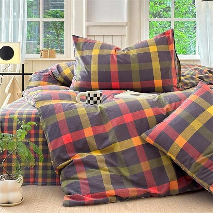 LifeTB Twin XL Comforter Set Modern Style Plaid Checkered Pattern Comforter with 2 Pillowcases Gingham Bedding Comforter Set Multicolor Grid Bed Comforter Fluffy Lightweight Bedding Set Twin XL