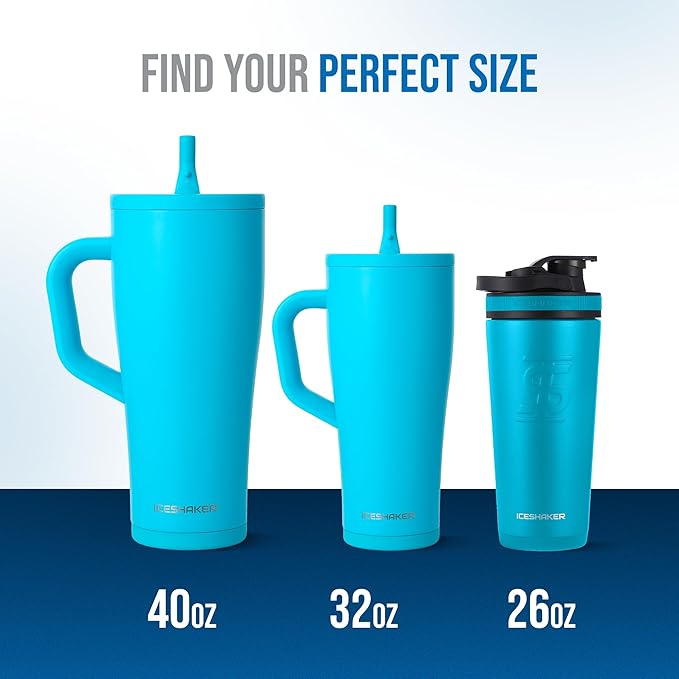 Ice Shaker 32 oz Tumbler with Handle and Straw | 32oz Caribbean Blue | Cold for 30+ Hours | 2-in-1 Tumbler Shaker Bottle | Odor-Free 32 ounce Bottle for Water, Protein Shakes, Smoothies, Cocktails