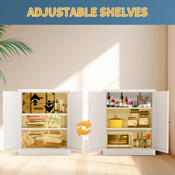Kitchen Pantry Cabinet, 35" H Storage Cabinet with Doors and Adjustable Shelves, Metal Bathroom Cabinets, Utility Cabinets for Kitchen, Living Room, Garage, Assembly Required, White