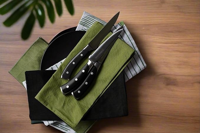 DURA LIVING 4-Piece Serrated Kitchen Steak Knife Set ??Forged High Carbon Stainless Steel, Ultra Sharp, Ergonomic Black Handles, Durable Dinner Knives, Black Handle