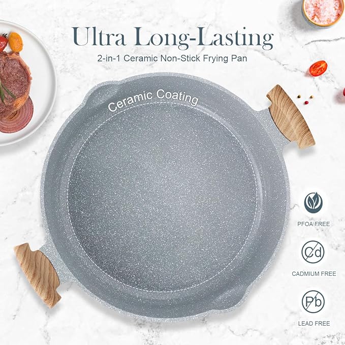 2-In-1 Ceramic Nonstick Deep Frying Pan Skillet, 12.5 Inch Saute Pan with Lid Non Toxic, PTFE & PFOA Free, Compatible with All Stovetops- Blue